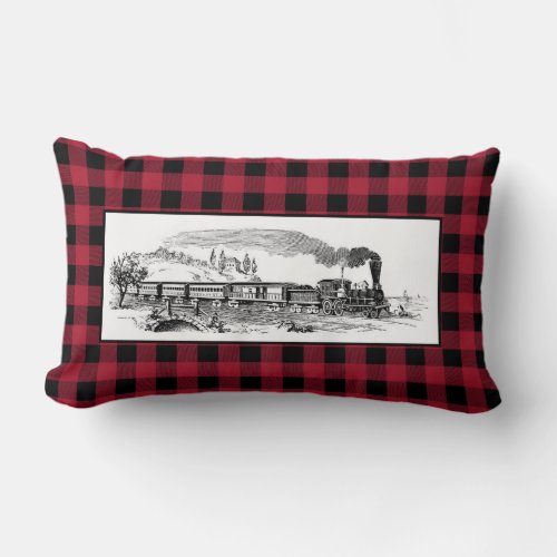 Vintage Steam Train on Red Buffalo Plaid Lumbar Pillow