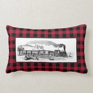 Vintage Steam Train on Red Buffalo Plaid Lumbar Pillow