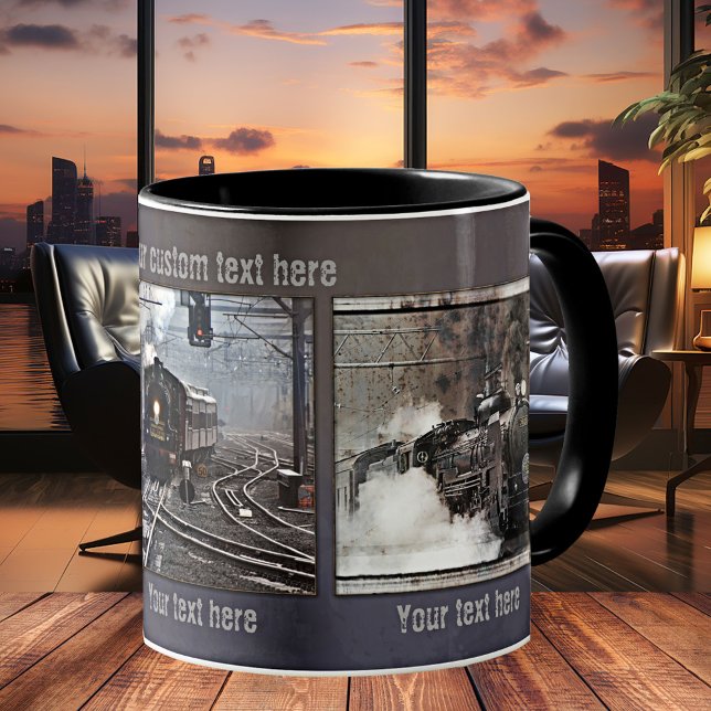 Vintage Steam Train Personalized Photo Mug (Mug with vintage steam locomotives. Great personalized gift for co-worker, friend or family)