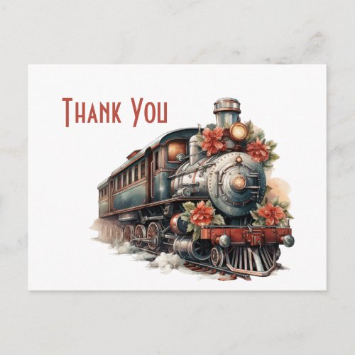 Vintage Steam Train Retro Christmas Thank You Postcard