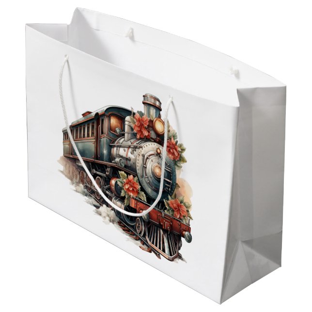 Vintage Steam Train Traditional Christmas Large Gift Bag (Back Angled)