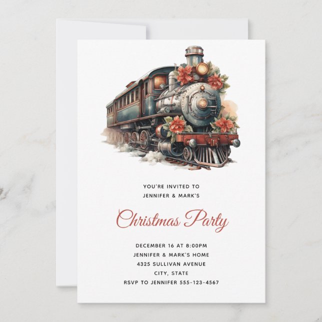 Vintage Steam Train Traditional Christmas Party Invitation (Front)
