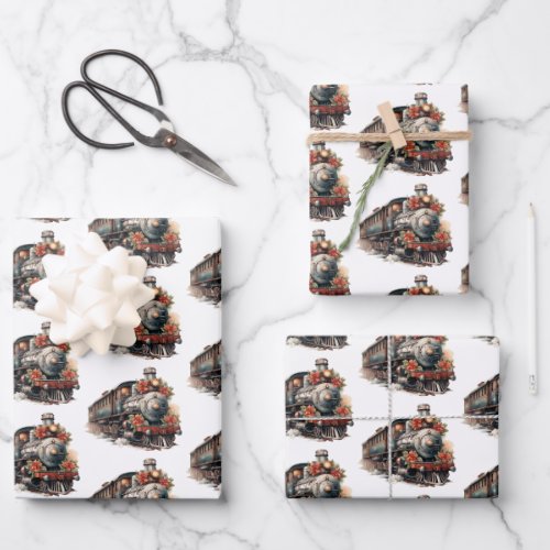 Vintage Steam Train Traditional Christmas Pattern Wrapping Paper Sheets
