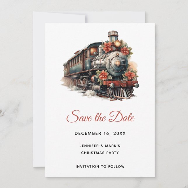 Vintage Steam Train Traditional Christmas Save The Date (Front)