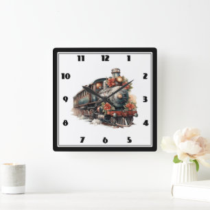 Vintage Steam Train Traditional Christmas Square Wall Clock