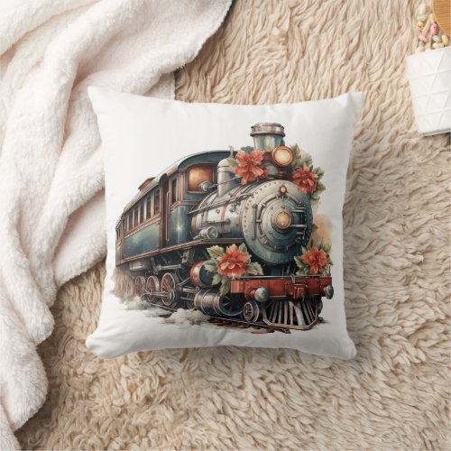 Vintage Steam Train Traditional Christmas Throw Pillow