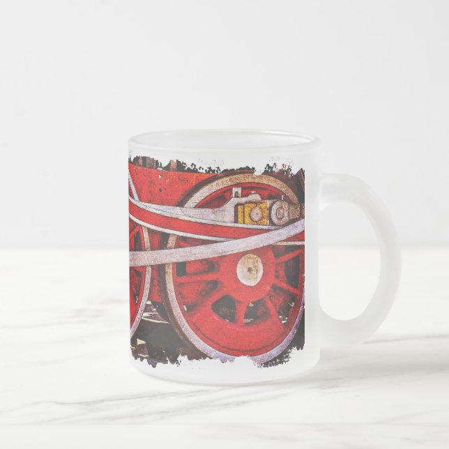 Vintage Steam Train Wheels Frosted Glass Coffee Mug (Right)