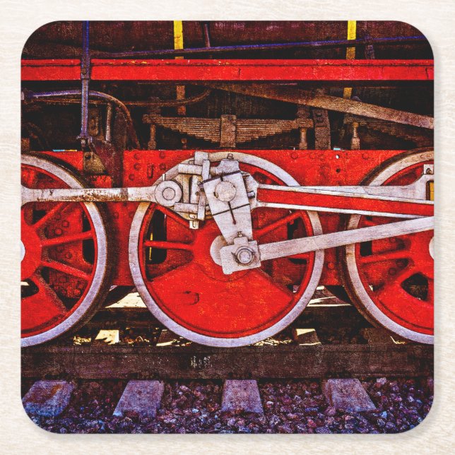 Vintage Steam Train Wheels Square Paper Coaster (Front)
