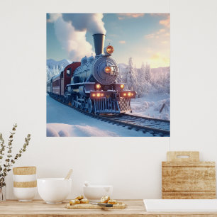 Vintage Steam Train Winter Woodland Snow christmas Poster