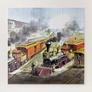Vintage Steam Trains Travel Illustration Art Jigsaw Puzzle