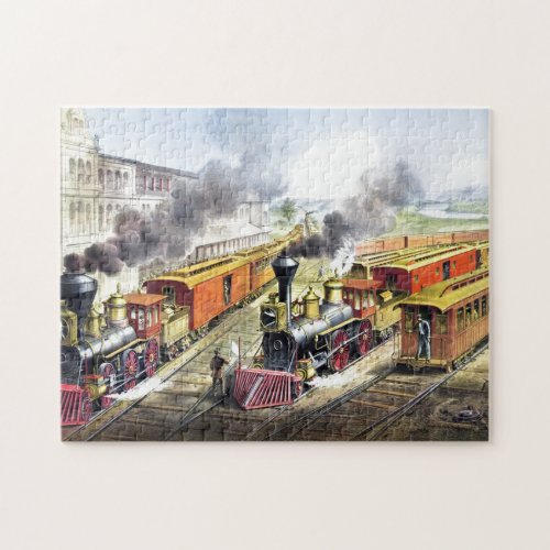 Vintage Steam Trains Travel Illustration Art Jigsaw Puzzle