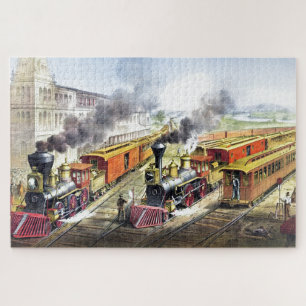 Vintage Steam Trains Travel Illustration Art Jigsaw Puzzle
