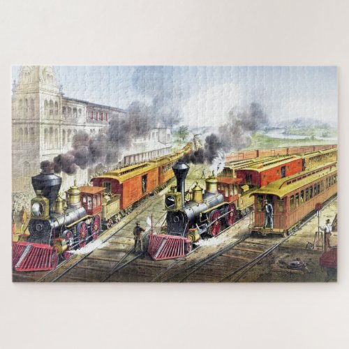 Vintage Steam Trains Travel Illustration Art Jigsaw Puzzle