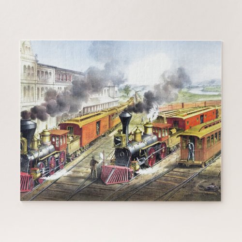 Vintage Steam Trains Travel Illustration Art Jigsaw Puzzle