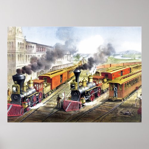 Vintage Steam Trains Travel Illustration Art Poster