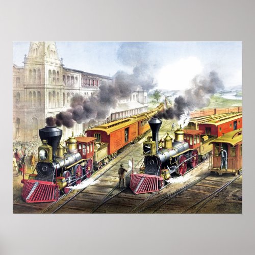Vintage Steam Trains Travel Illustration Art Poster