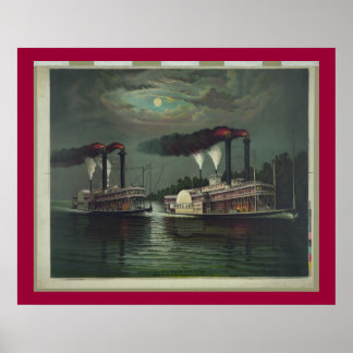 Vintage Steamboat On The Mississippi Lithograph Poster