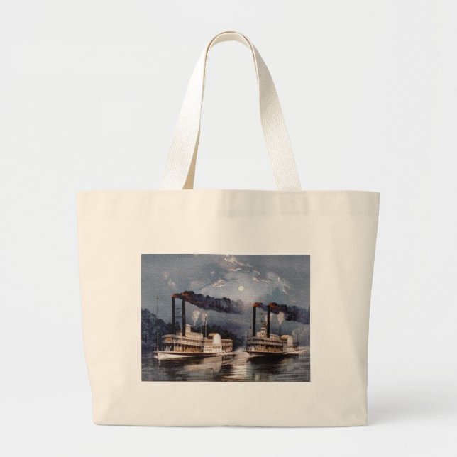 Vintage Steamboat Racing on Mississippi River Large Tote Bag (Front)