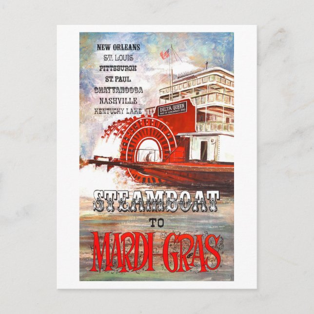 Vintage Steamboat to Mardi Gras Travel Poster Postcard (Front)