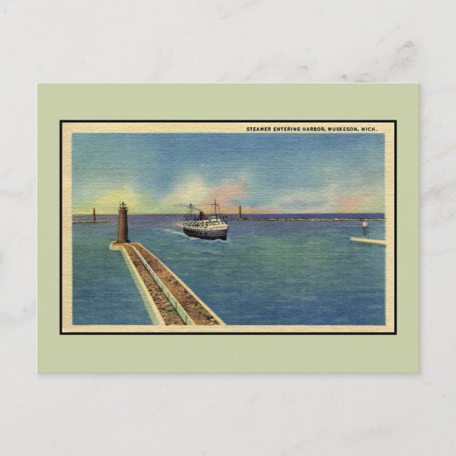 Vintage steamer entering harbor Muskegon MI Postcard (Front)