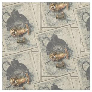 Vintage Steampunk Airship Compass And Antique Map Fabric