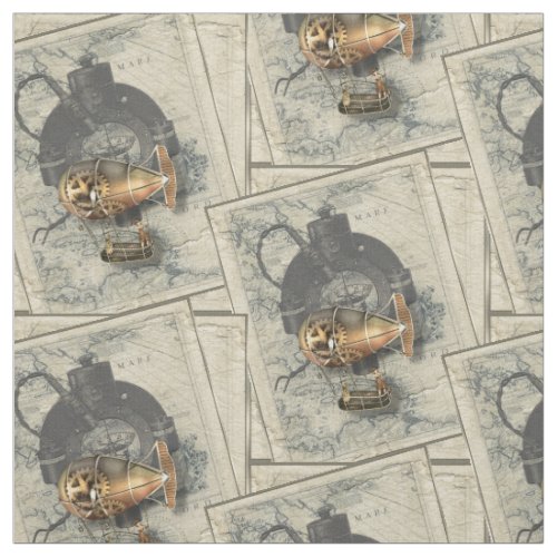 Vintage Steampunk Airship Compass And Antique Map Fabric