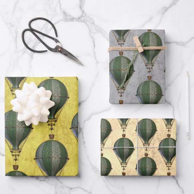 Vintage Steampunk Balloon Trio Wrapping Paper Sheets (Front)
