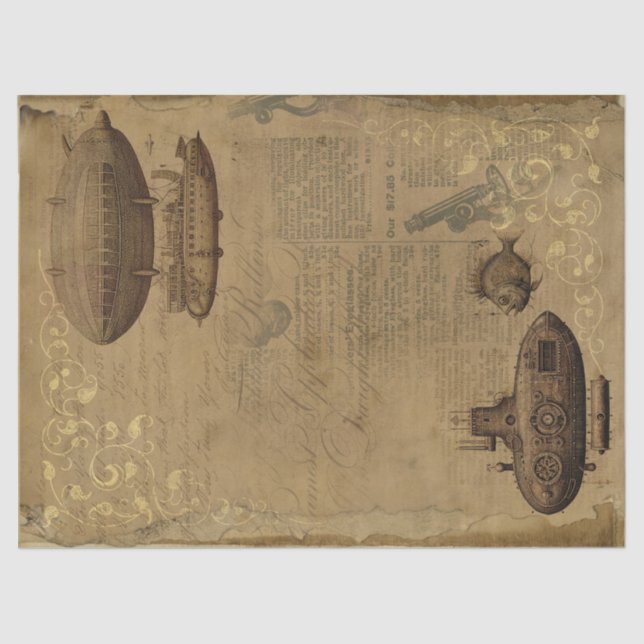 Vintage Steampunk Blimp and Submarine Decoupage Tissue Paper (Front)