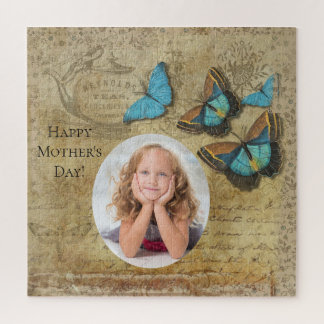 Vintage Steampunk Blue Butterflies Mother's Day Jigsaw Puzzle