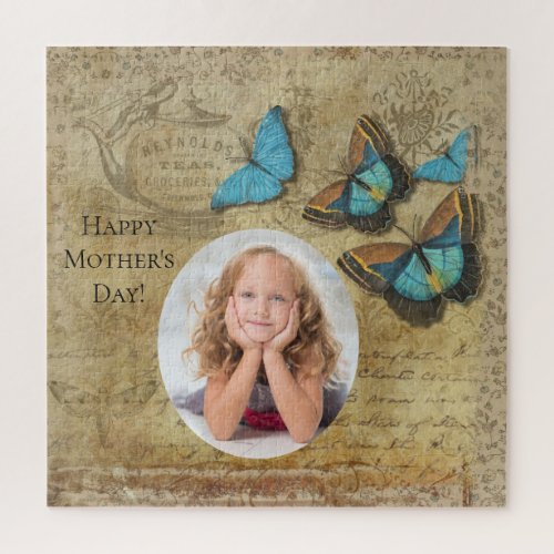 Vintage Steampunk Blue Butterflies Mothers Day Jigsaw Puzzle
