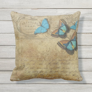 Vintage Steampunk Blue Butterflies on Parchment Outdoor Pillow