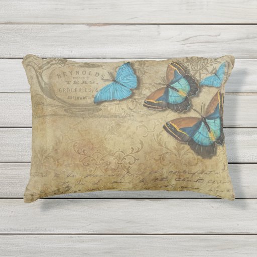 Vintage Steampunk Blue Butterflies on Parchment Outdoor Pillow