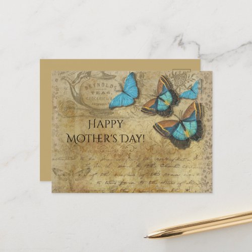 Vintage Steampunk Blue Butterflies on Parchment