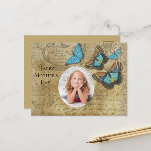 Vintage Steampunk Blue Butterflies on Parchment