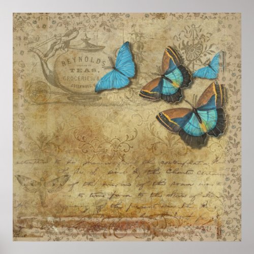 Vintage Steampunk Blue Butterflies on Parchment Poster