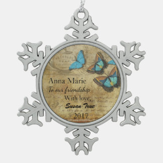 Vintage Steampunk Blue Butterflies on Parchment Snowflake Pewter Christmas Ornament