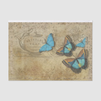 Vintage Steampunk Blue Butterflies on Parchment Tissue Paper