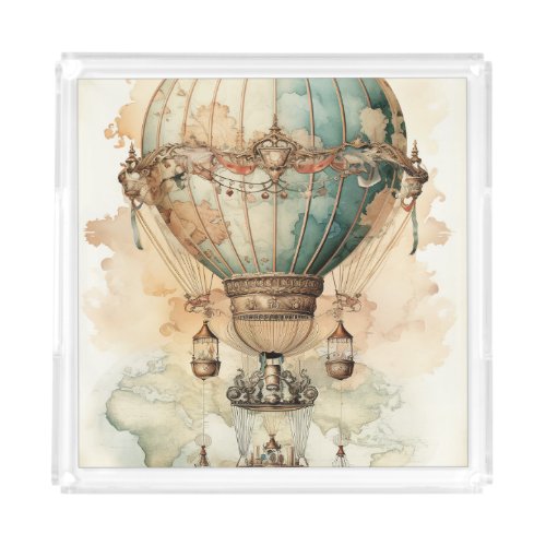 Vintage Steampunk Blue Hot Air Balloon 2 Acrylic Tray