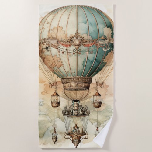 Vintage Steampunk Blue Hot Air Balloon 2 Beach Towel