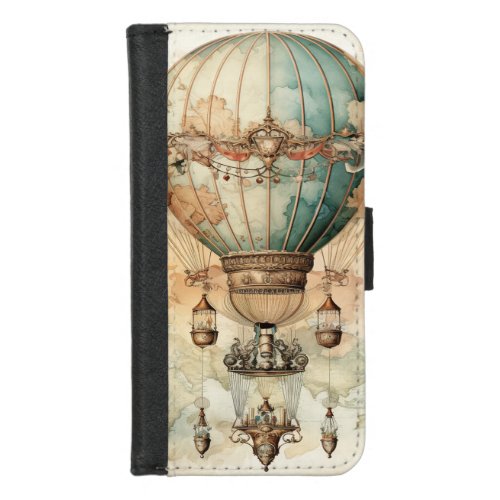 Vintage Steampunk Blue Hot Air Balloon 2 iPhone 87 Wallet Case