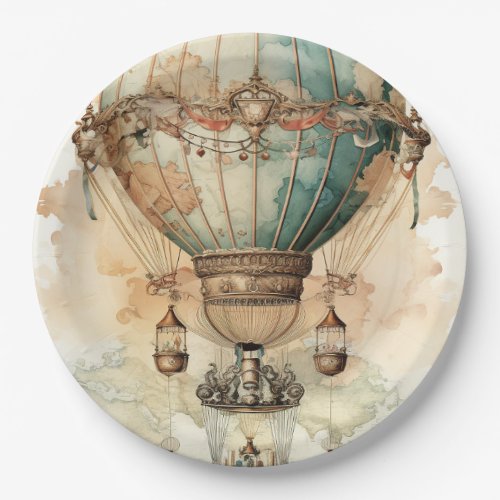 Vintage Steampunk Blue Hot Air Balloon 2 Paper Plates