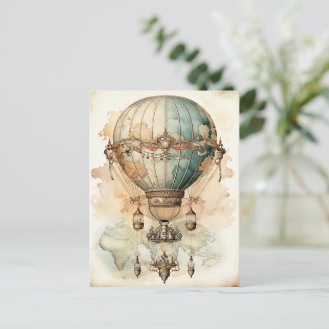 Vintage Steampunk Blue Hot Air Balloon (2) Postcard (Standing Front)