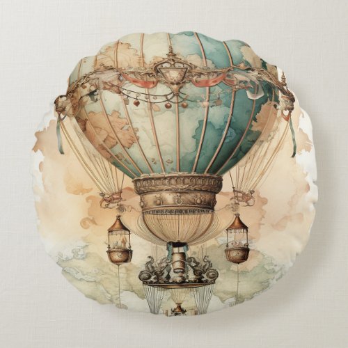 Vintage Steampunk Blue Hot Air Balloon 2 Round Pillow