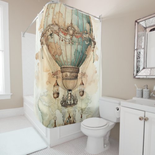 Vintage Steampunk Blue Hot Air Balloon 2 Shower Curtain