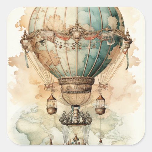 Vintage Steampunk Blue Hot Air Balloon 2 Square Sticker