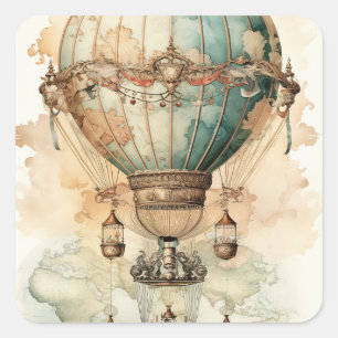 Vintage Steampunk Blue Hot Air Balloon (2) Square Sticker