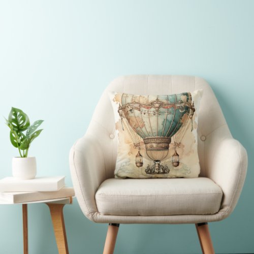 Vintage Steampunk Blue Hot Air Balloon 2 Throw Pillow