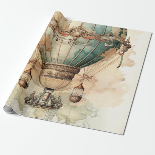 Vintage Steampunk Blue Hot Air Balloon 2 Wrapping Paper