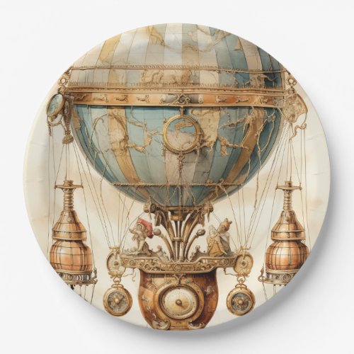 Vintage Steampunk Blue Hot Air Balloon 3 Paper Plates