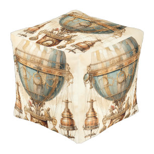 Vintage Steampunk Blue Hot Air Balloon (3) Pouf